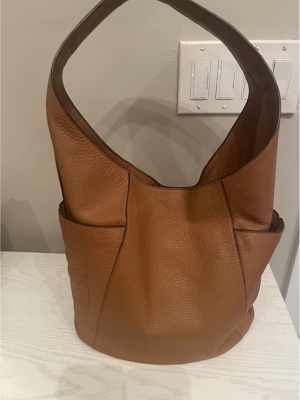 Tory Burch Large Brown Pebbled Leather Hobo Bag with Logo Detailing